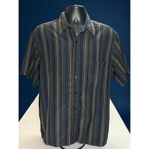 David Taylor Microfiber Mens Shirt L Black Gray Striped Short Sleeve Button Up